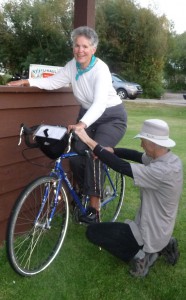 Wayne checks Barbara's seat height - Diefenbaker Tour 2012